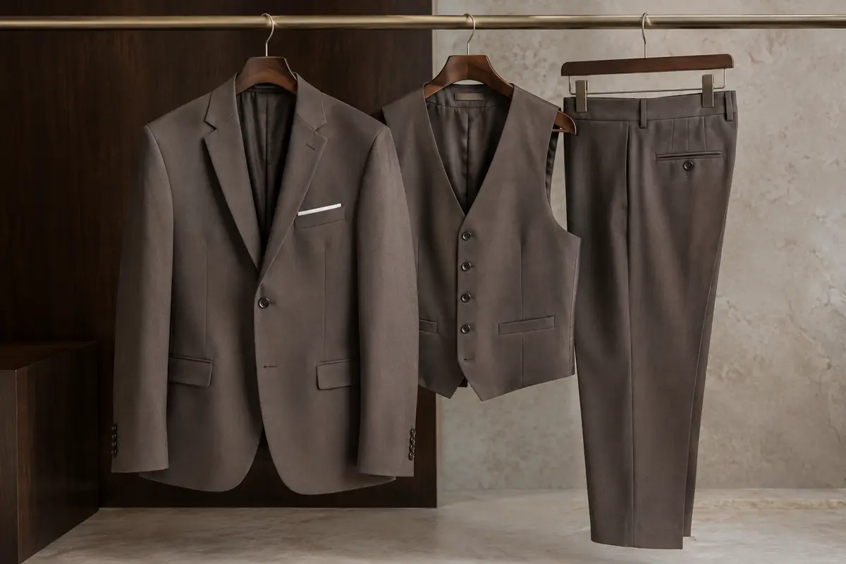 Costume homme trois pièces avec veste à poches à rabat, gilet et pantalon à taille élastiquée