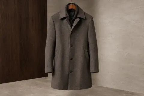 Manteau homme mi-long en laine mélangée, présenté sur un cintre avec son col classique et ses boutons.