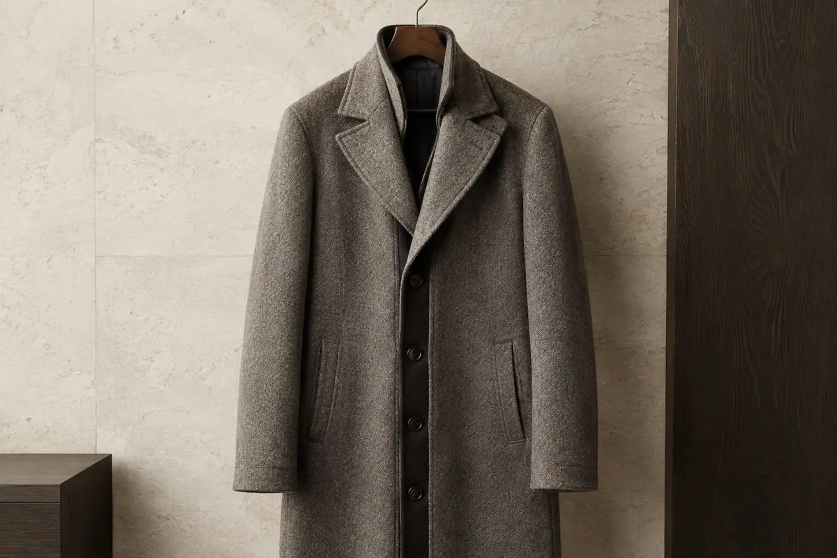 Manteau homme en laine mélangée à larges revers et patte de boutonnage discrète, présenté sur cintre.