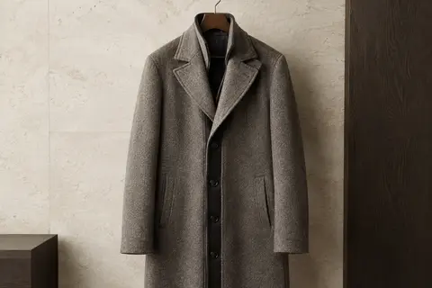 Manteau homme en laine mélangée à larges revers et patte de boutonnage discrète, présenté sur cintre.