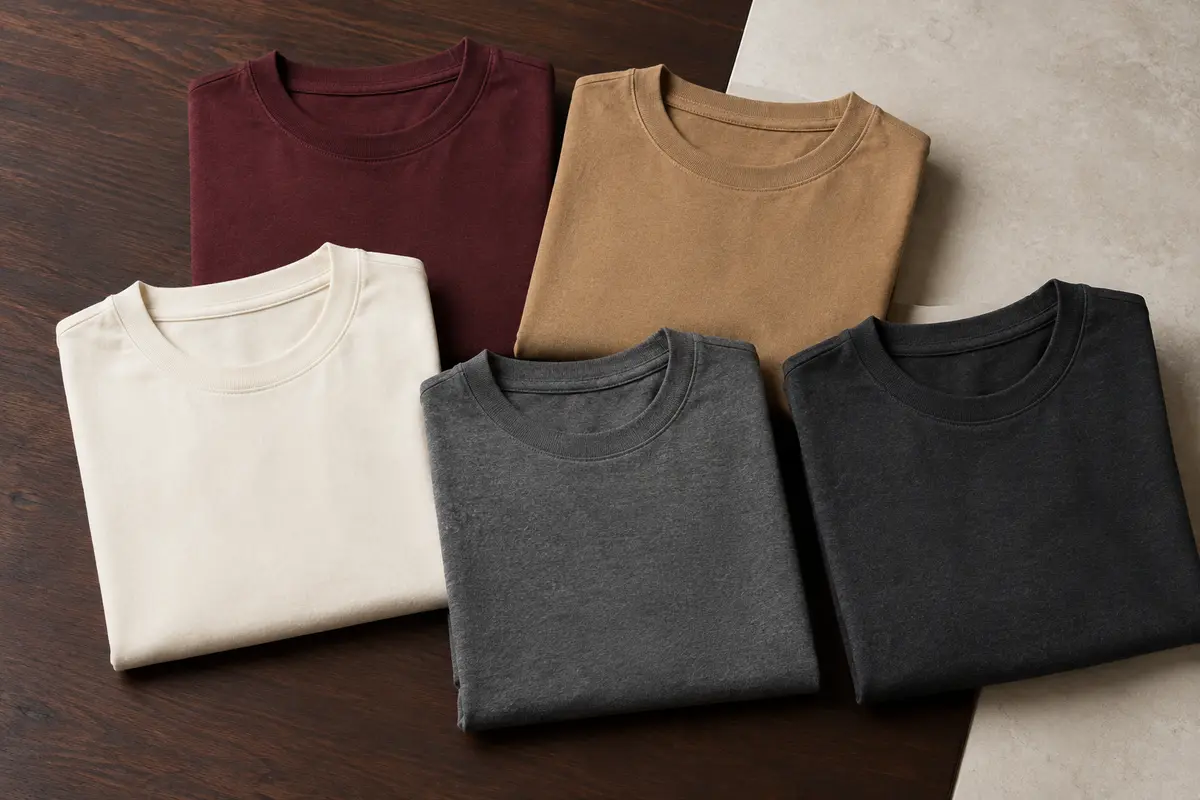Lot de t-shirts homme en coton à col rond, pliés sur une surface en bois foncé et en pierre claire.