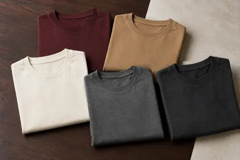 Lot de t-shirts homme en coton à col rond, pliés sur une surface en bois foncé et en pierre claire.
