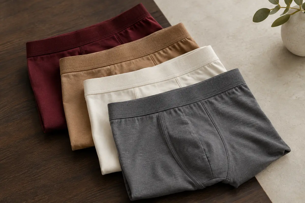 Lot de boxers pour homme pliés, en coton stretch, avec ceinture élastique et coloris assortis.