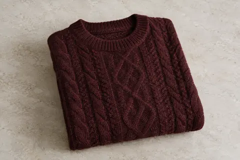 Pull homme Aran Crafts à col rond en laine vierge, présenté plié pour révéler sa maille câble en relief.