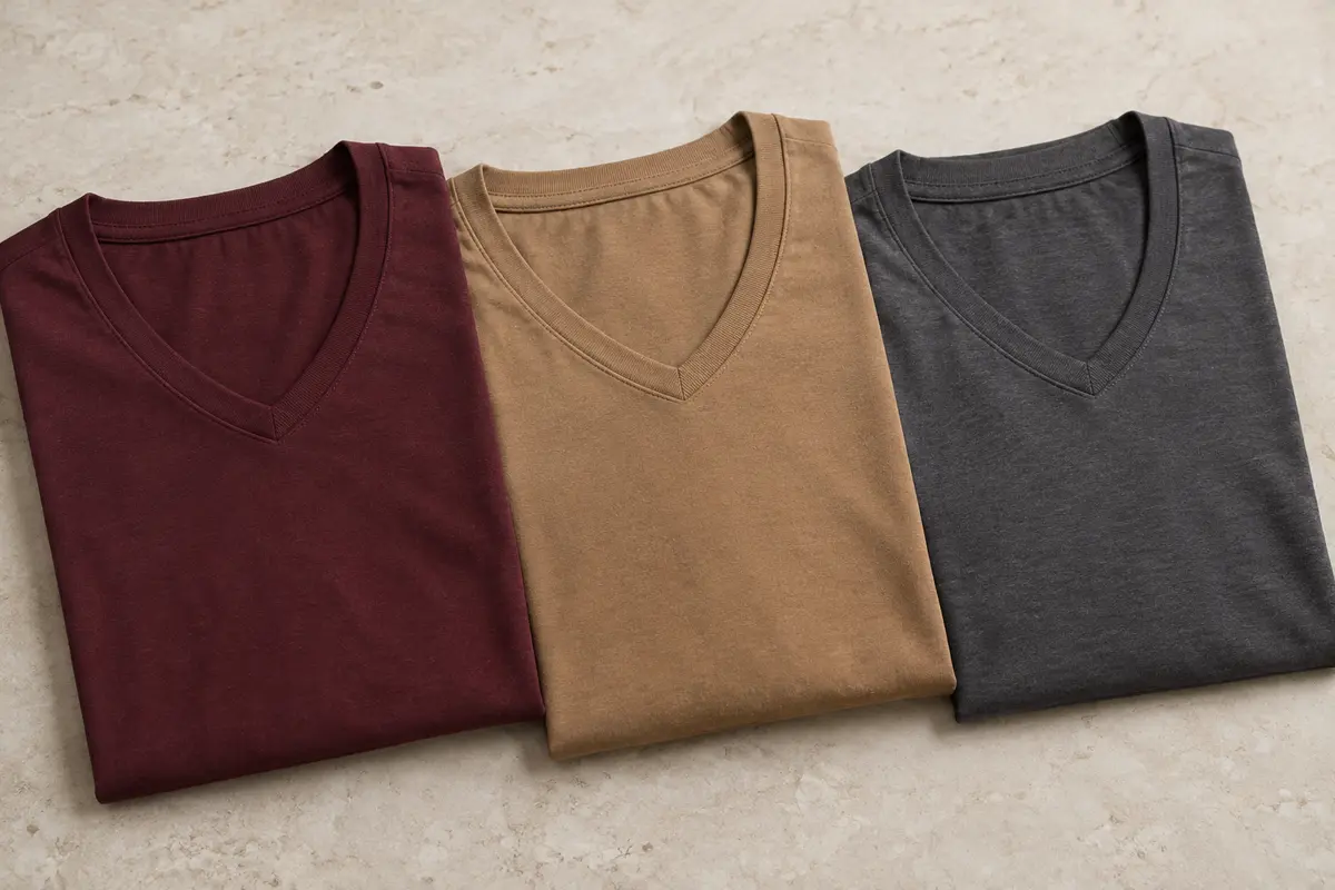 Trois t-shirts pour homme en coton à col V pliés sur une surface en pierre claire