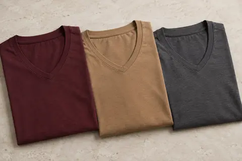 Trois t-shirts pour homme en coton à col V pliés sur une surface en pierre claire