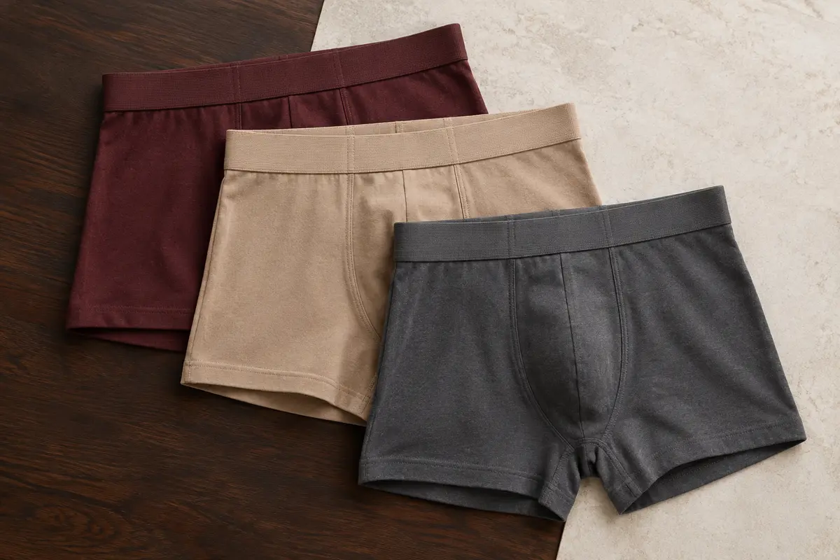 Trois boxers homme à coupe trunk pliés sur une surface de bois foncé et de pierre claire