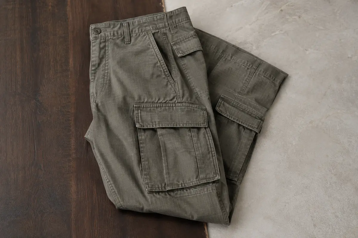 Pantalon cargo Brandit ample en coton ripstop, plié et montrant ses poches et ses bas réglables