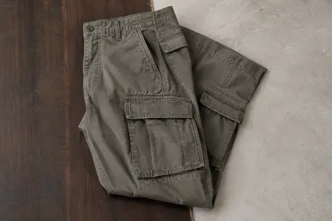 Pantalon cargo Brandit ample en coton ripstop, plié et montrant ses poches et ses bas réglables