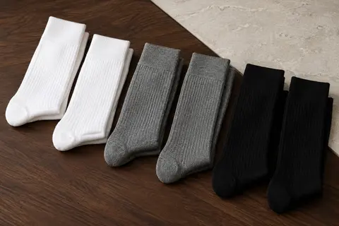 Six paires de chaussettes hautes pour homme en blanc, gris et noir, pliées sur du bois foncé et de la pierre claire.