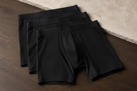 Trois boxers noirs en coton extensible pliés sur une surface de bois foncé