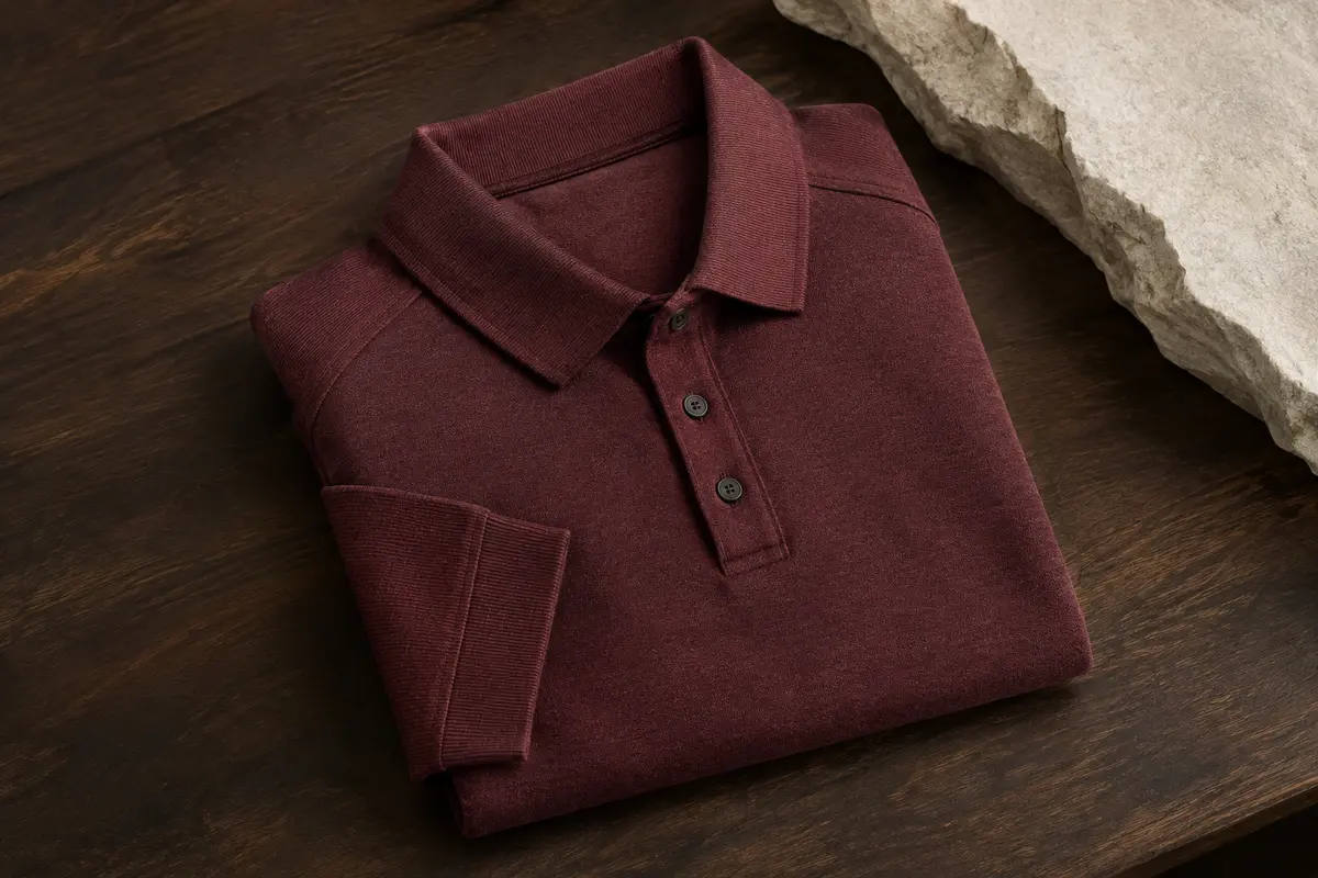 Polo de golf pour homme à col et poignets côtelés, plié sur une surface en bois foncé.