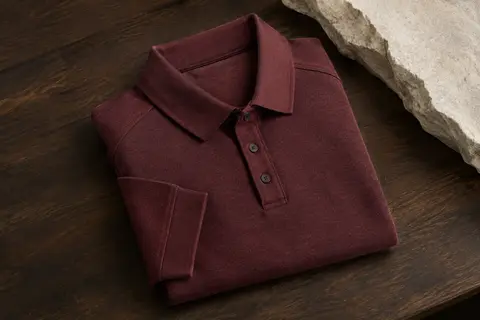 Polo de golf pour homme à col et poignets côtelés, plié sur une surface en bois foncé.