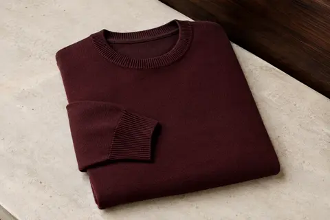 Pull de golf pour homme à col rond et finitions côtelées, plié sur une surface en pierre claire.