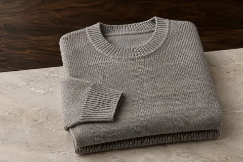 Pull homme à col rond et finitions côtelées, plié sur une surface de pierre claire.