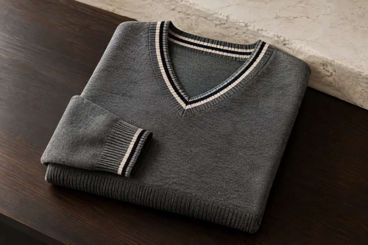 Pull homme col V à rayures contrastées, avec finitions côtelées au col, aux poignets et à l’ourlet.