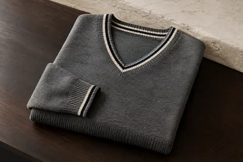 Pull homme col V à rayures contrastées, avec finitions côtelées au col, aux poignets et à l’ourlet.