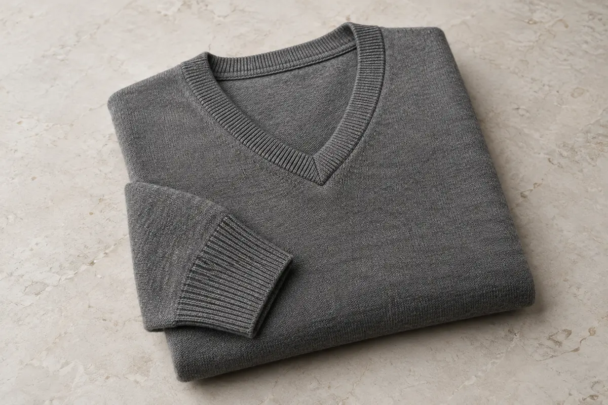Pull homme à col V plié sur une pierre claire, avec poignets et ourlet en maille côtelée