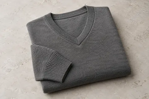 Pull homme à col V plié sur une pierre claire, avec poignets et ourlet en maille côtelée