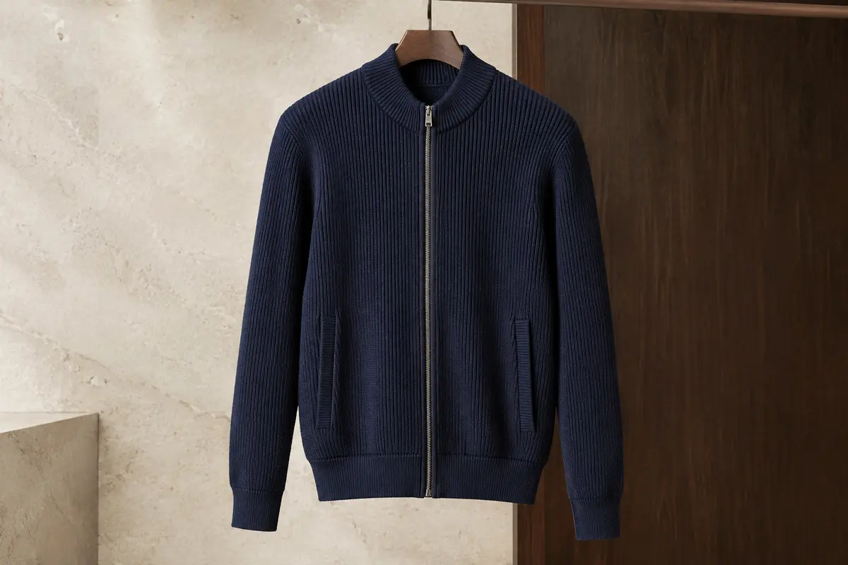 Cardigan homme marine en maille côtelée, avec fermeture éclair et deux poches latérales