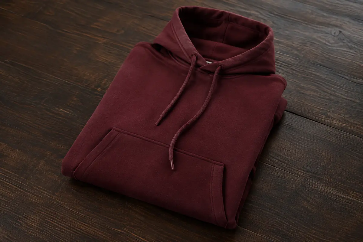 Sweat Carhartt à capuche et coupe ample, plié sur une surface en bois foncé, avec ses poches avant visibles.