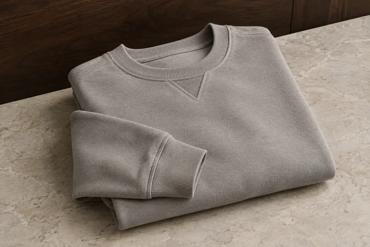Sweat homme à col rond et coupe ample plié sur une surface claire, avec son insert en V visible