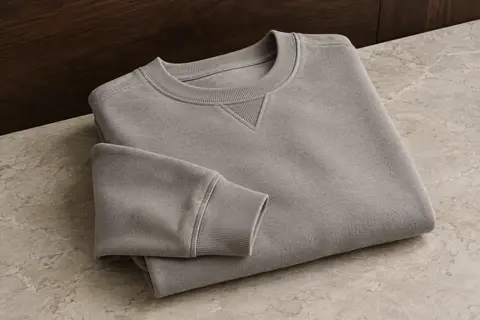 Sweat homme à col rond et coupe ample plié sur une surface claire, avec son insert en V visible