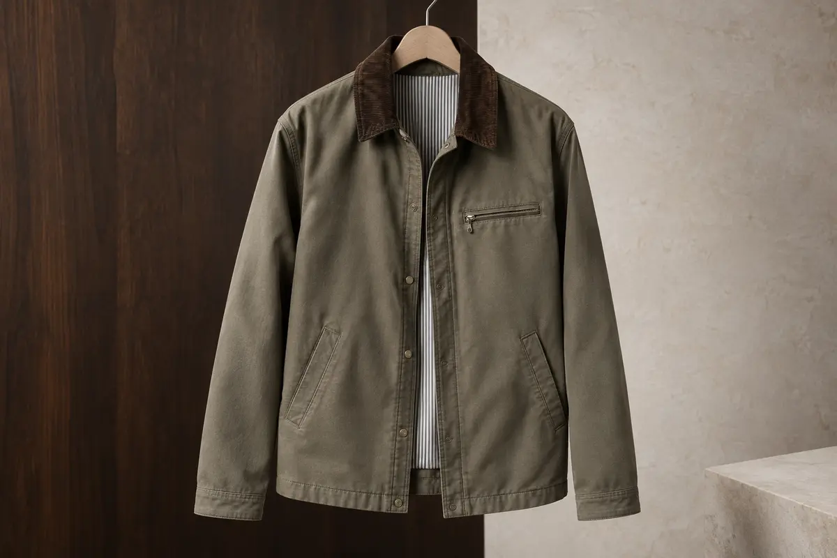 Veste en toile Duck avec col à pressions, poche poitrine zippée et doublure rayée