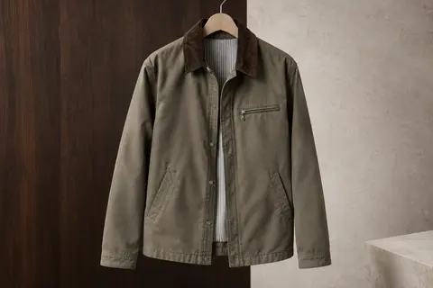 Veste en toile Duck avec col à pressions, poche poitrine zippée et doublure rayée