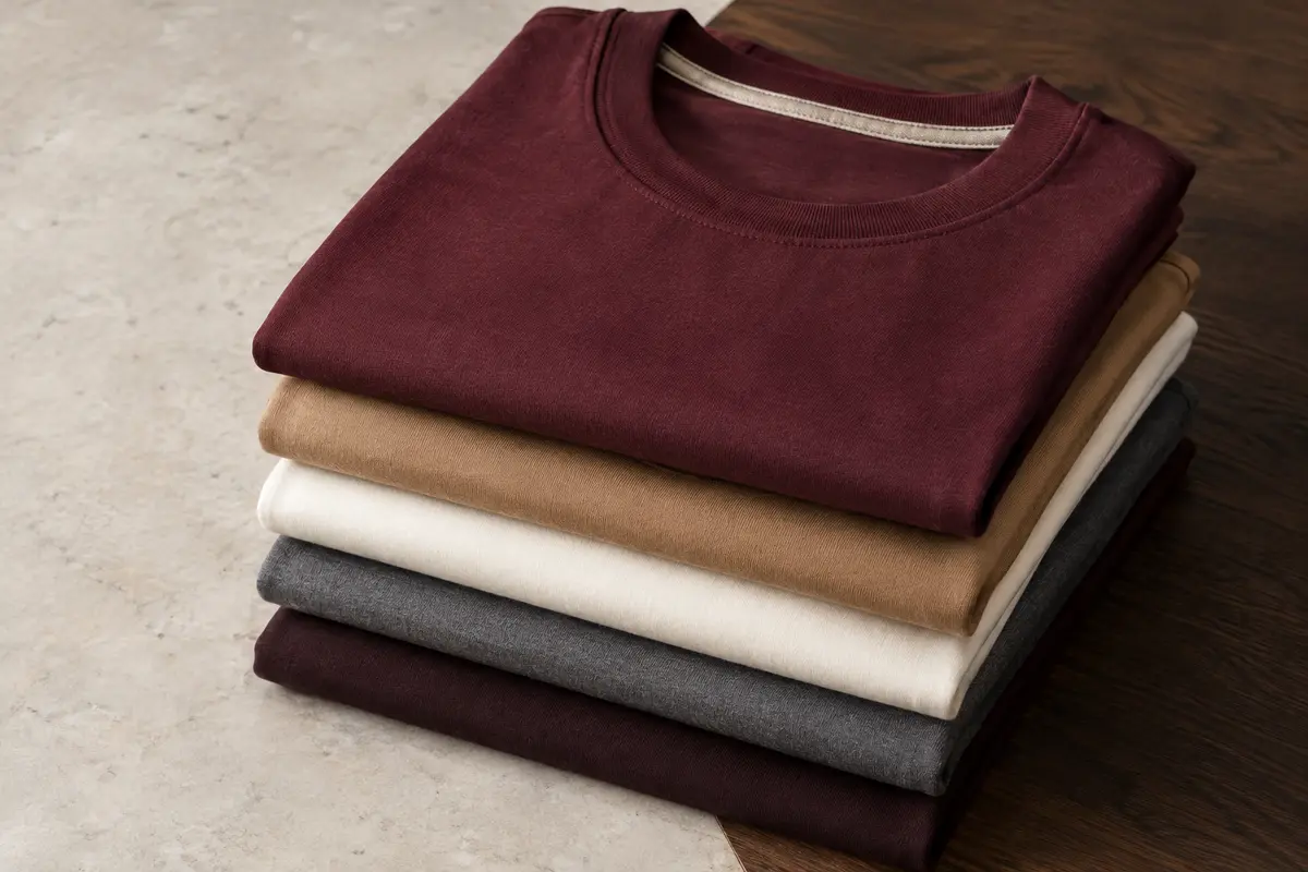 Lot de cinq t-shirts unis en coton pliés, avec cols ronds nervurés et détail intérieur contrasté.