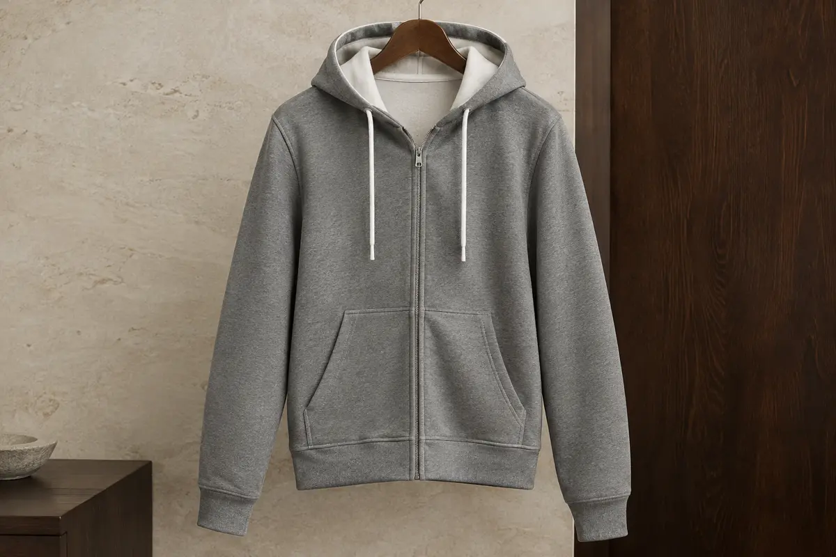 Sweat à capuche zippé avec cordons blancs et col intérieur contrasté, présenté sur un cintre.