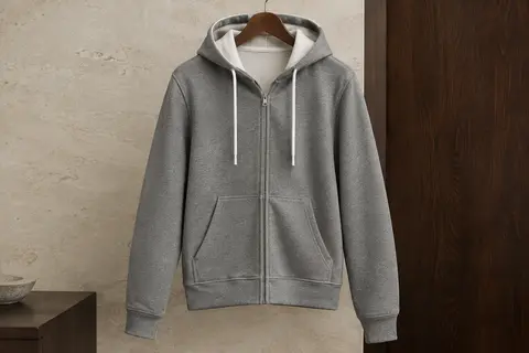 Sweat à capuche zippé avec cordons blancs et col intérieur contrasté, présenté sur un cintre.