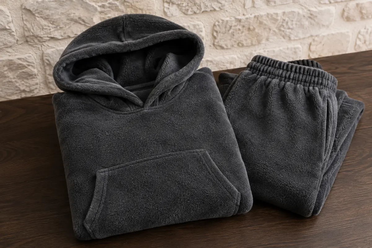 Pyjama homme en polaire gris anthracite, avec haut à capuche et pantalon assorti pliés sur du bois foncé.