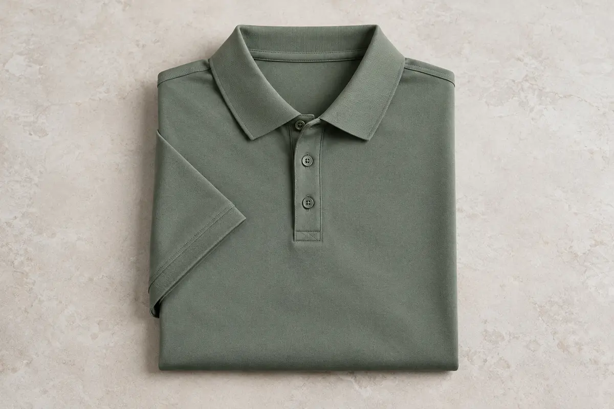 Polo homme à manches courtes vert pierre, avec col et patte de boutonnage à trois boutons