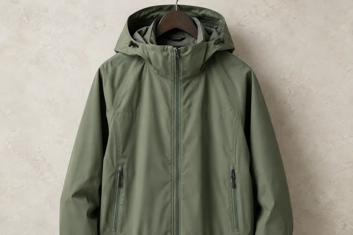 Veste de pluie pour homme vert Stone Green présentée sur un cintre, avec capuche et poches zippées.