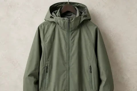 Veste de pluie pour homme vert Stone Green présentée sur un cintre, avec capuche et poches zippées.