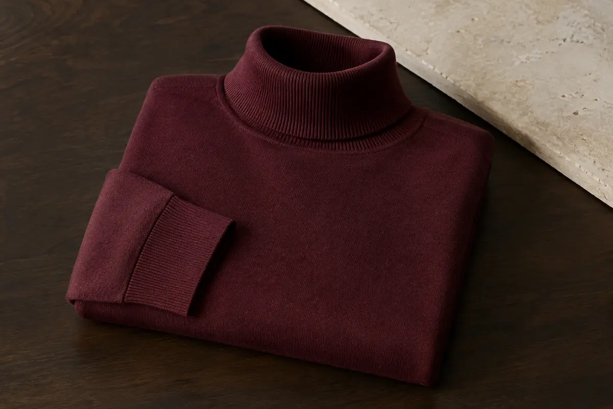 Pull homme COOFANDY à col roulé et maille fine, plié sur une surface en bois avec fond de pierre claire.