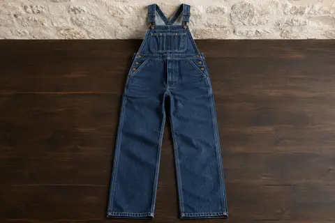 Salopette pour homme en denim indigo, avec bretelles croisées, bavoir à poches et jambes droites.