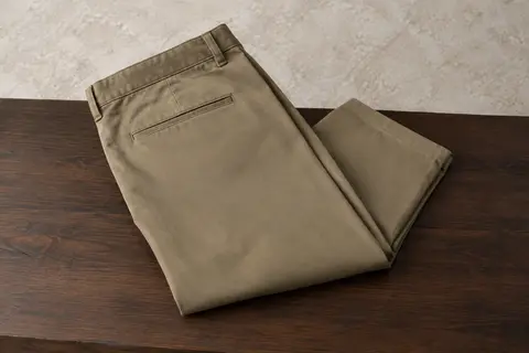 Chino Dockers à coupe classique plié sur du bois foncé, avec sa matière kaki et ses détails sobres