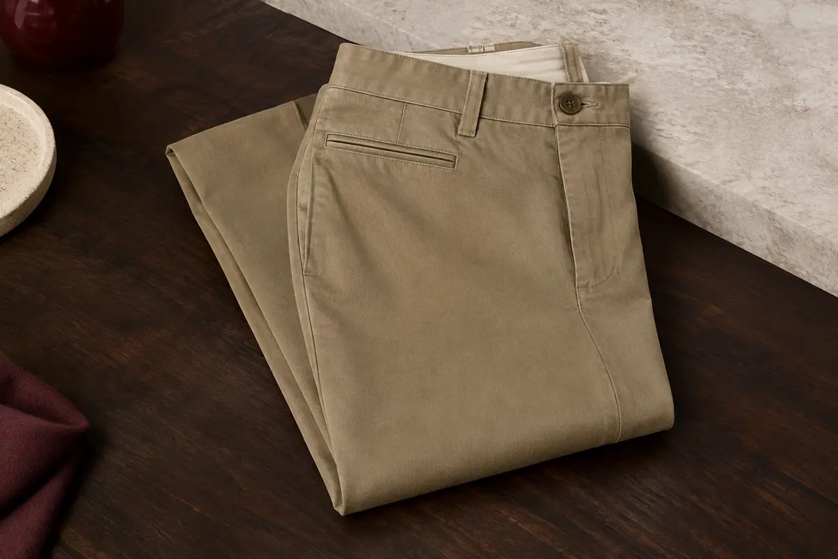 Chino kaki à coupe slim plié sur une surface en bois foncé, avec sa toile et ses poches passepoilées visibles.
