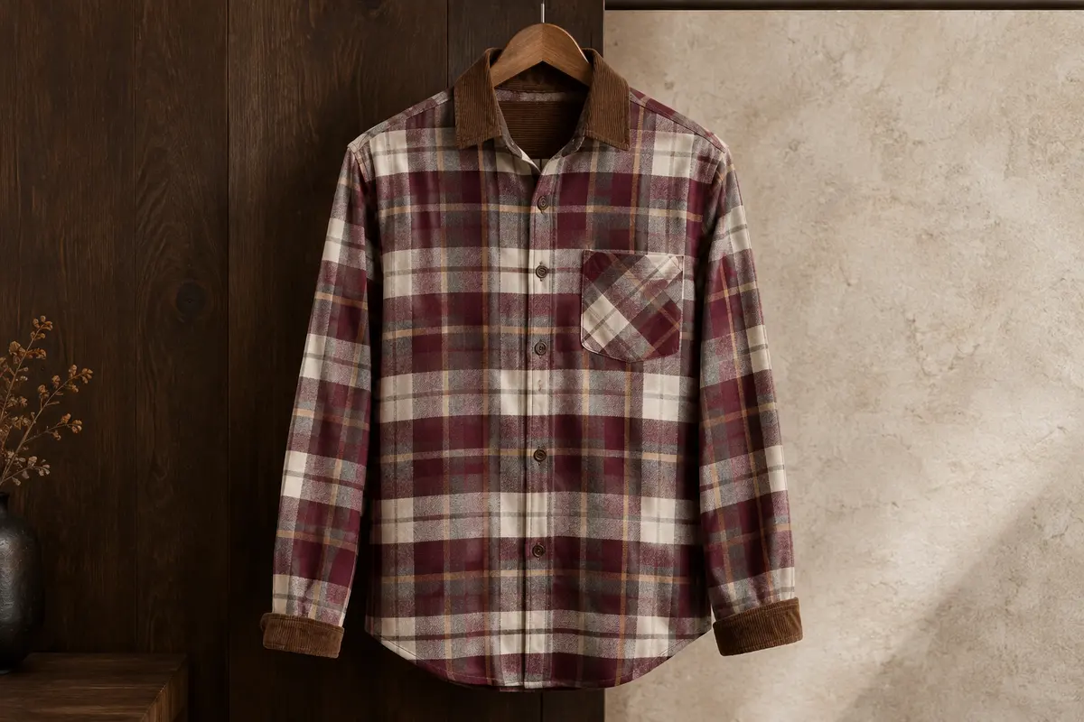 Chemise homme en flanelle à carreaux avec poche poitrine et détails côtelés au col et aux poignets