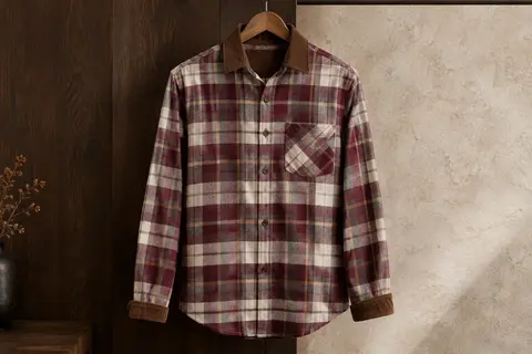 Chemise homme en flanelle à carreaux avec poche poitrine et détails côtelés au col et aux poignets