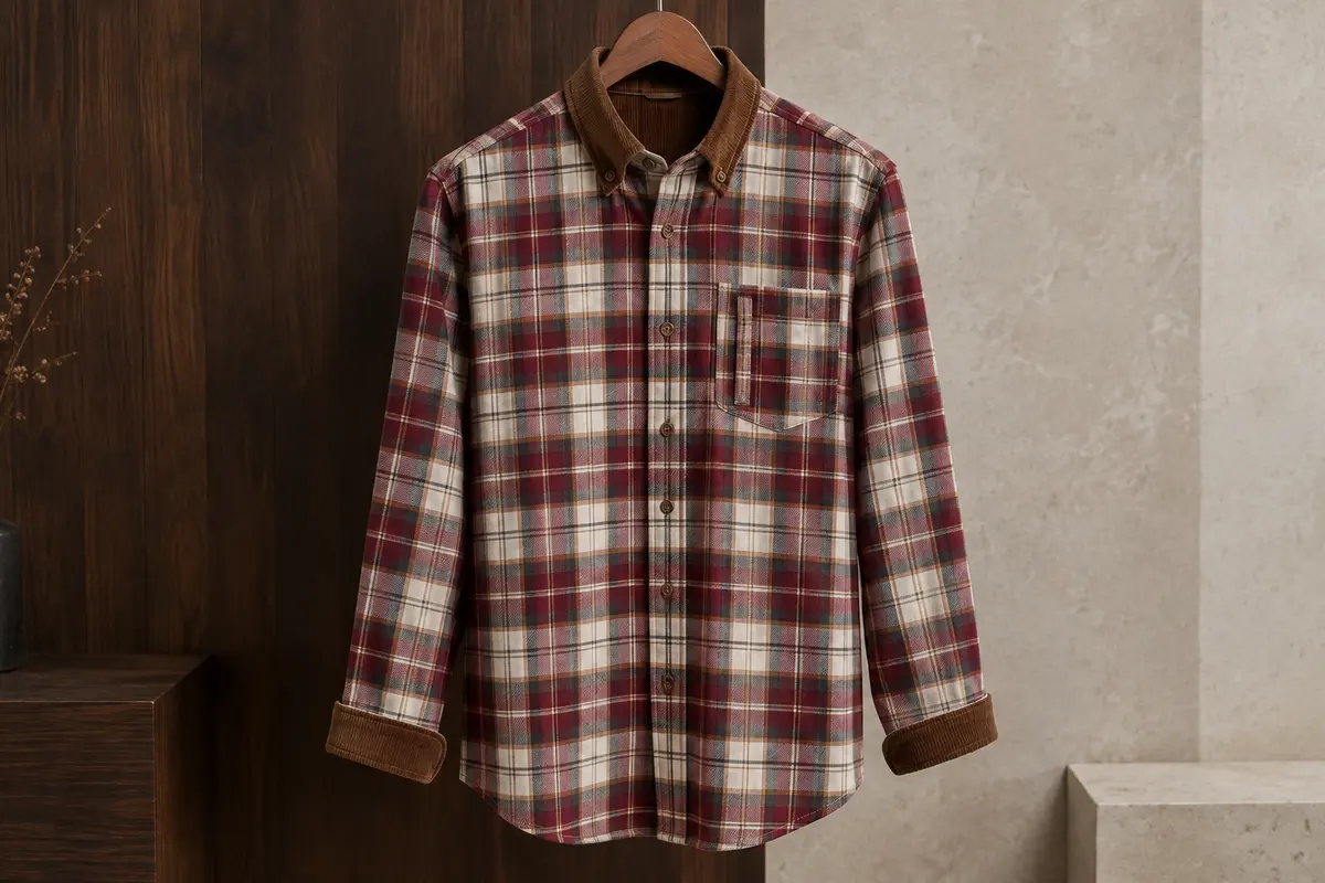 Chemise homme en flanelle à carreaux avec poche, boutons et détails marron en velours côtelé
