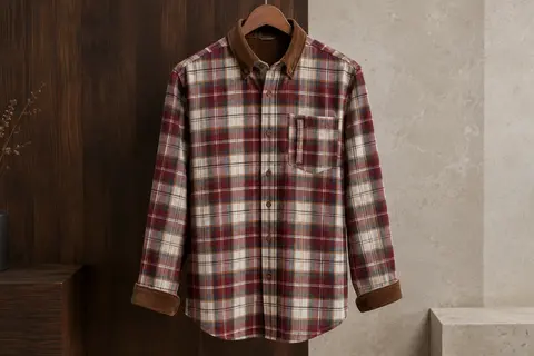 Chemise homme en flanelle à carreaux avec poche, boutons et détails marron en velours côtelé