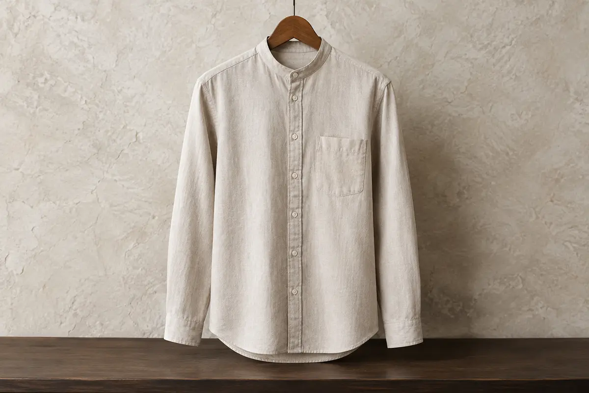 Chemise Henley unie pour homme avec col montant, manches longues retroussables et poche poitrine
