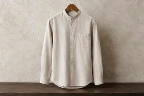 Chemise Henley unie pour homme avec col montant, manches longues retroussables et poche poitrine