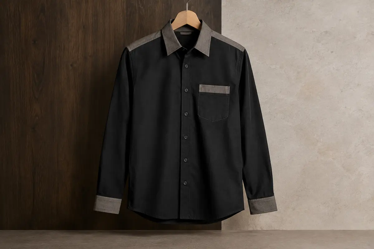Chemise noire pour homme à manches longues, avec poche poitrine, boutons et détails de couleurs contrastées.