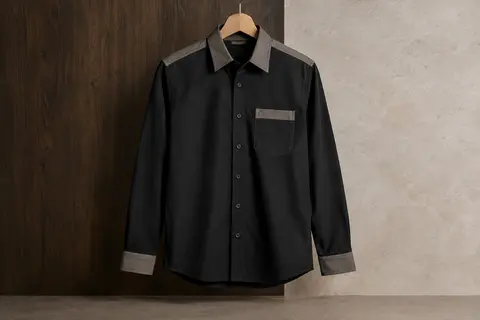 Chemise noire pour homme à manches longues, avec poche poitrine, boutons et détails de couleurs contrastées.