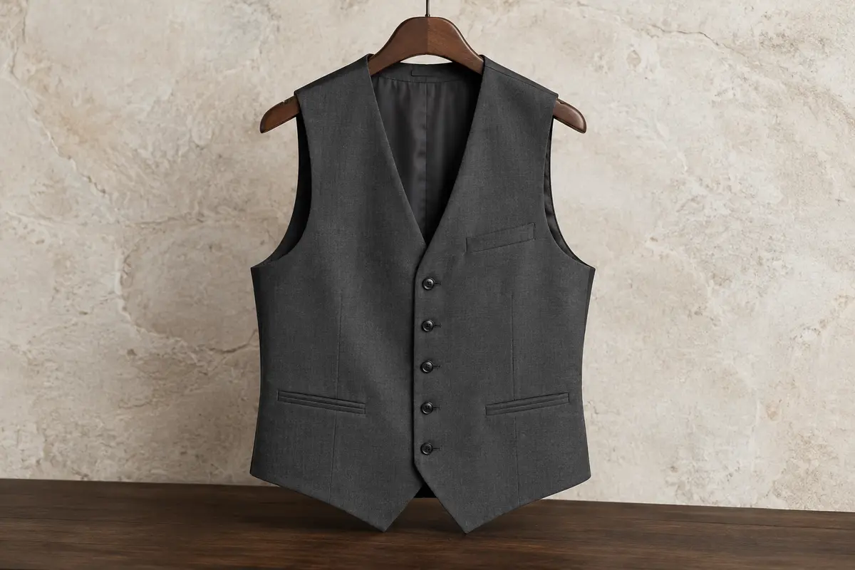 Gilet de costume uni pour homme à col en V, cinq boutons et poches, présenté sur un cintre