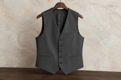 Gilet de costume uni pour homme à col en V, cinq boutons et poches, présenté sur un cintre